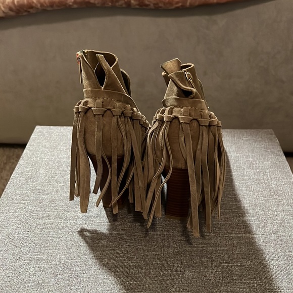 Marc Fisher fringe army green open toe ankle booties - Picture 3 of 7